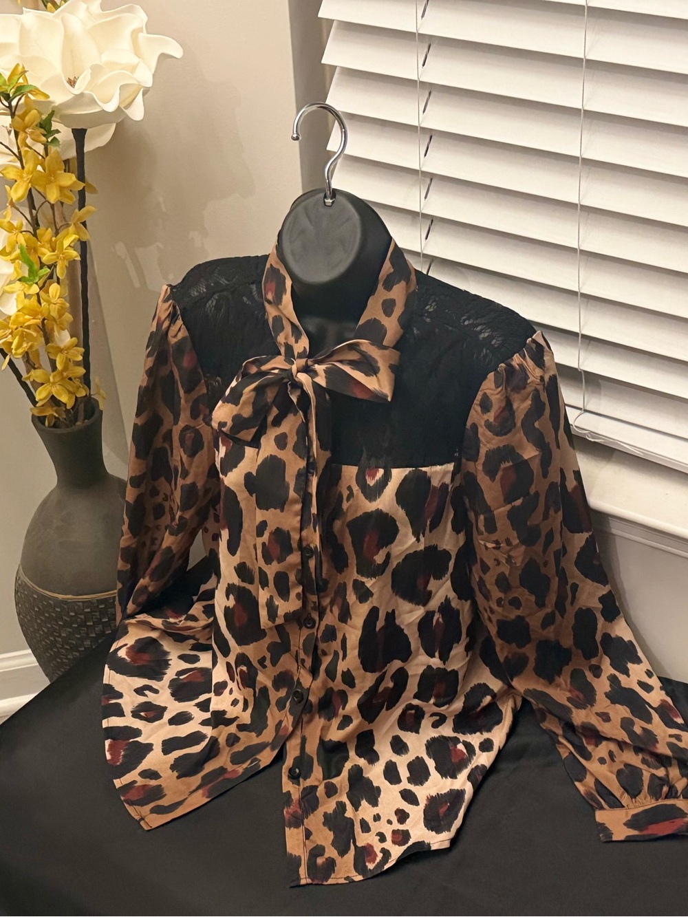 Kardashian Kollection Leopard Print Tie-Neck Blouse - Brown & Black